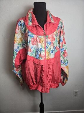Lavon Vintage Coral Pink Floral Panel Windbreaker Jacket